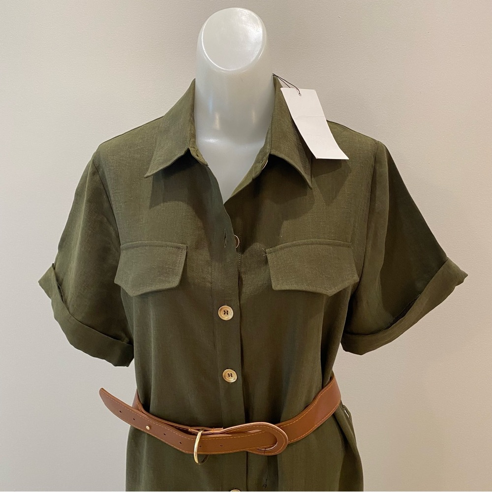 Zara NWT Olive Green Button-Up Shirt Dress with belt size Medium - Picture 5 of 9